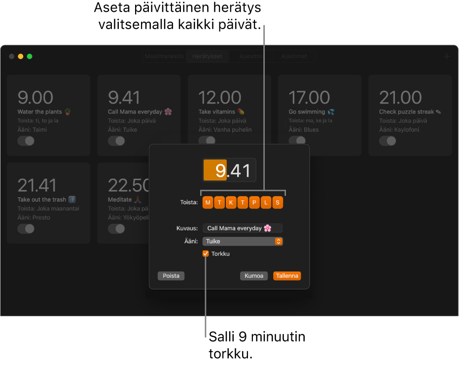 Herätyksen asettamisen ponnahdusikkuna Kello-apissa.