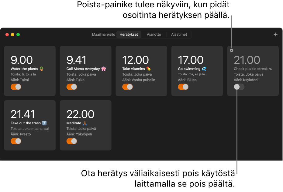 Kello-apin Herätykset-osio, jossa näkyy useita herätyksiä, joissa on eri tehtäviä ja eri aikoja.