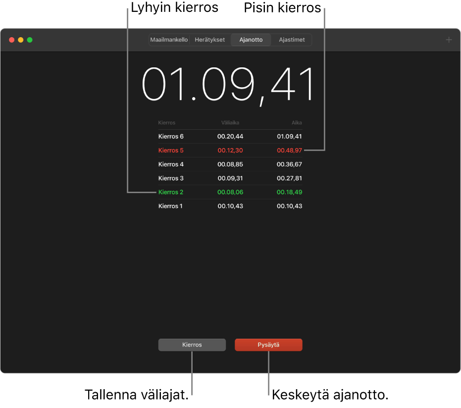 Kello-apin Ajanotto-osio. Sekuntikellossa näkyy tapahtuman kokonaisaika, ja sen alla on luettelossa useita tapahtuman kierroksia.