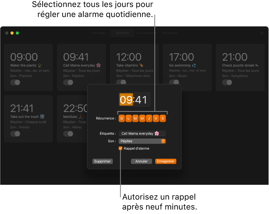 La fenêtre contextuelle pour régler une alarme dans l’app Horloge.