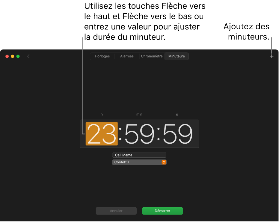 La sous-fenêtre Minuteurs de l’app Horloge, indiquant une durée au format heures, minutes et secondes.