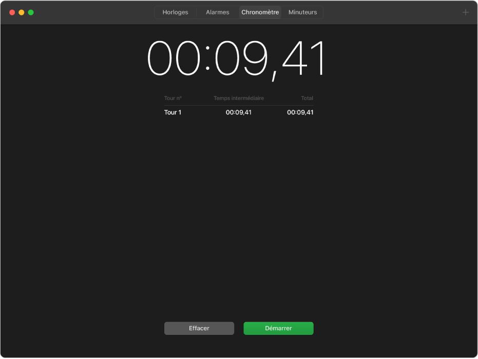 La sous-fenêtre Chronomètre de l’app Horloge, affichant un minuteur en pause après un tour.