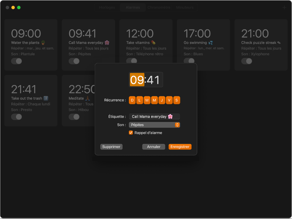 La sous-fenêtre Alarmes de l’app Horloge, affichant plusieurs alarmes. Devant la sous-fenêtre, un menu déroulant est ouvert, où une nouvelle alarme est en train d’être configurée.