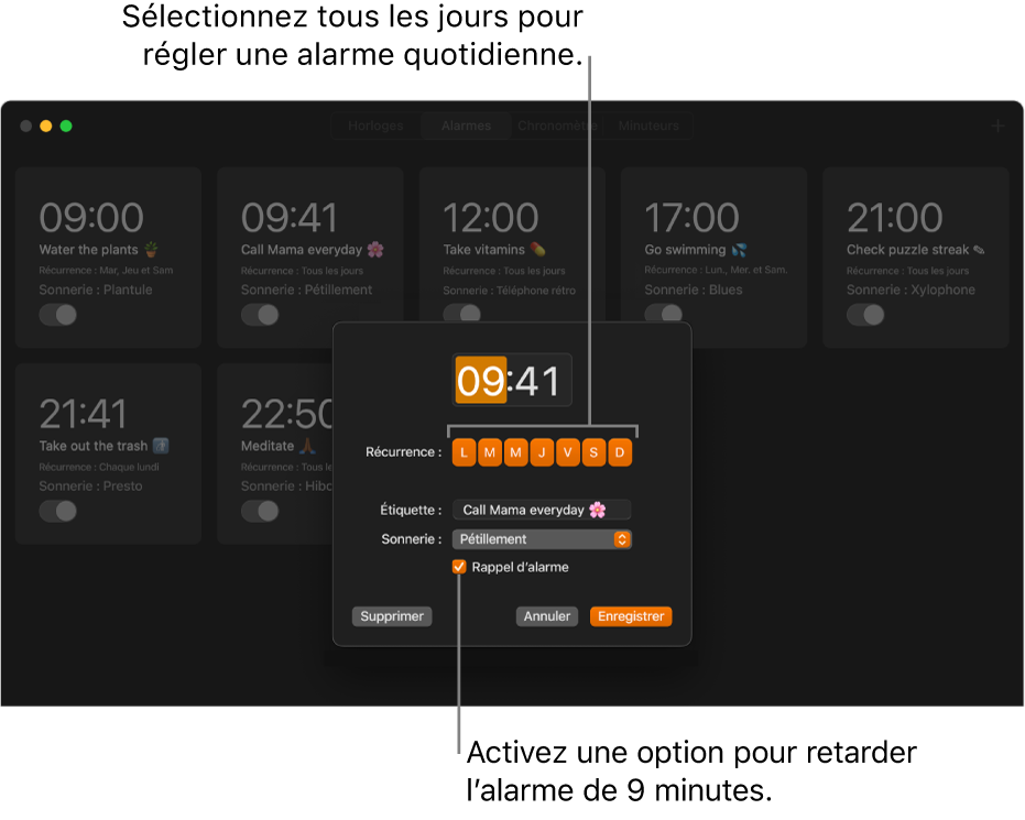 Le pop-up permettant de définir une alarme dans l’app Horloge.