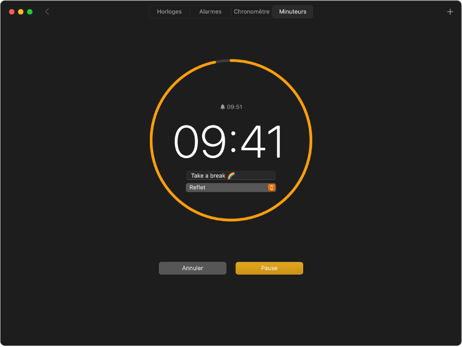 La sous-fenêtre Minuteurs de l’app Horloge, avec un minuteur de 10 minutes lancé et une étiquette ainsi qu’une sonnerie personnalisées.