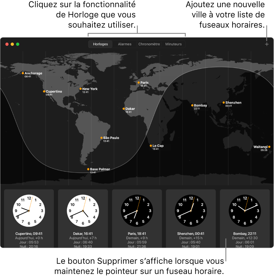 La sous-fenêtre Horloges de l’app Horloge affichant lʼheure locale, lʼheure du lever et lʼheure du coucher de soleil dans plusieurs villes à travers le monde. Les onglets situés en haut de la fenêtre Horloge sont liés à d’autres fonctionnalités. Un bouton Ajouter permettant d’ajouter une ville se trouve en haut à droite.