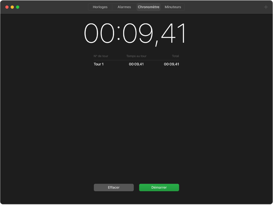 La sous-fenêtre Chronomètre de l’app Horloge, avec un minuteur en pause après un tour.