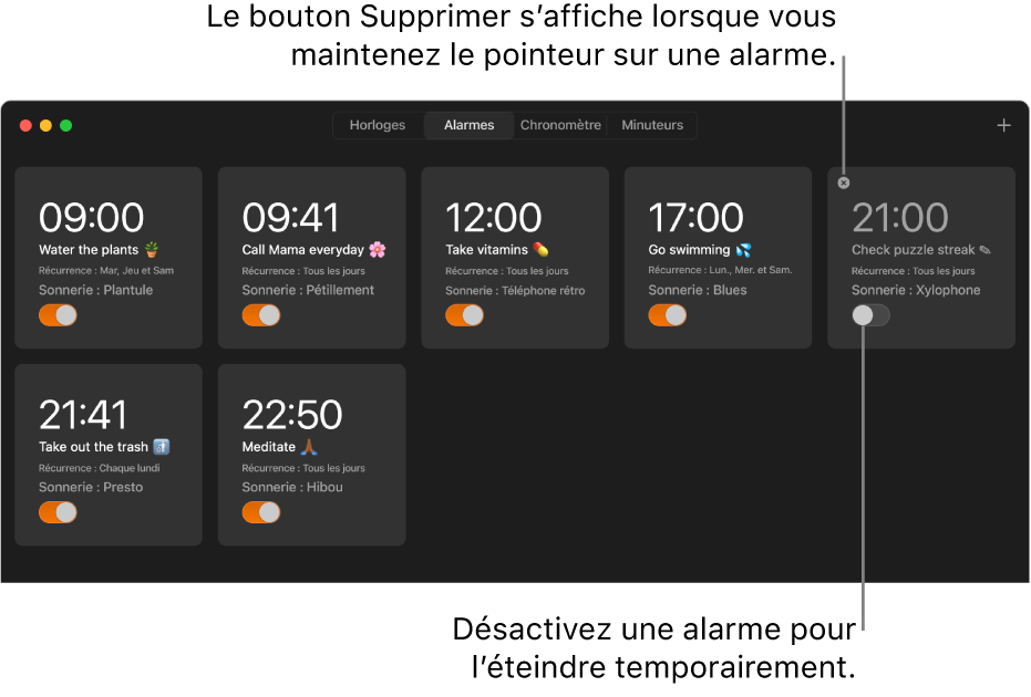 La sous-fenêtre Alarmes de l’app Horloge, avec plusieurs alarmes affichant différentes tâches et heures.