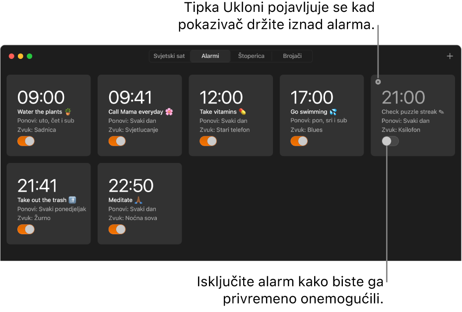 U prozoru Alarmi unutar aplikacije Sat prikazuje se više alarma za različite zadatke i vremena.