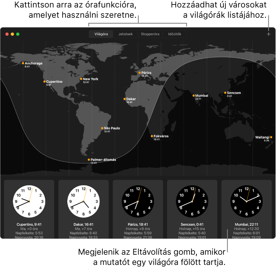 Az Óra app Világóra panele, amelyen a helyi idő, illetve a napkelte és a napnyugta időpontja látható a világ különböző városaiban. Az Óra app tetején lévő lapok segítségével más funkciókhoz csatlakozhat. A jobb felső részen egy Hozzáadás gomb jelenik meg, amellyel városokat lehet hozzáadni.