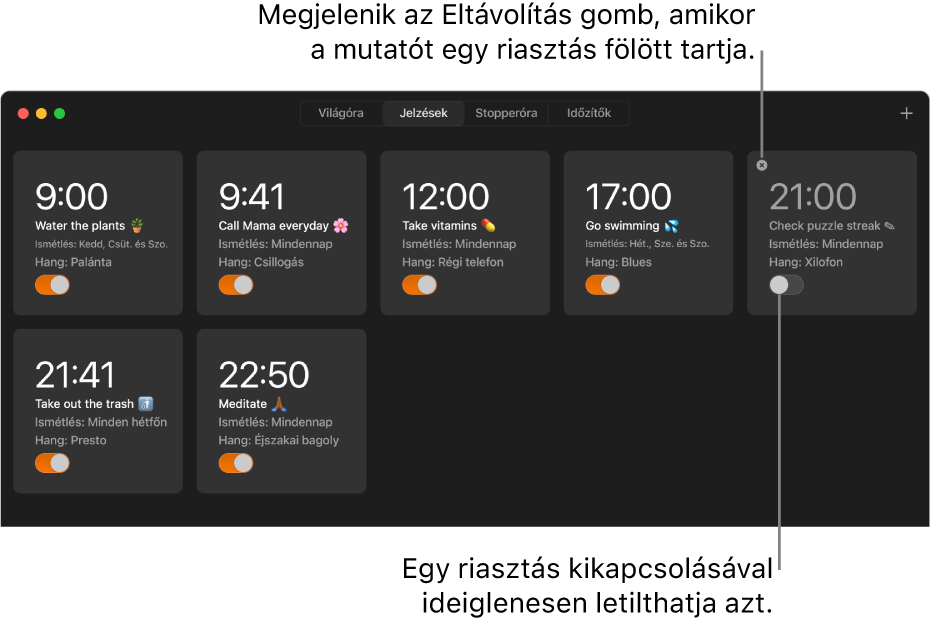 Az Óra app Ébresztések panele, amelyen több különböző jelzés látható különféle feladatokkal és időpontokkal.