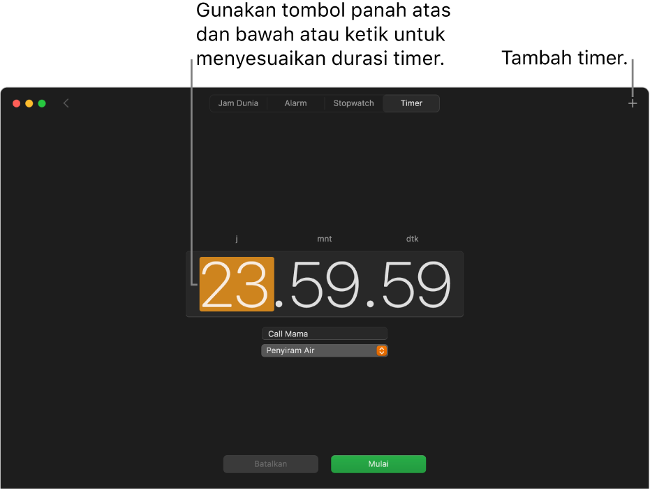 Panel Timer pada app Jam, yang menampilkan timer dalam jam, menit, dan detik.
