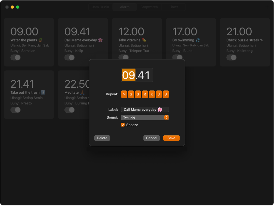 Panel Alarm pada app Jam, yang menampilkan beberapa alarm. Di depan panel, menu pop-up terbuka, yang menunjukkan alarm baru sedang diatur.