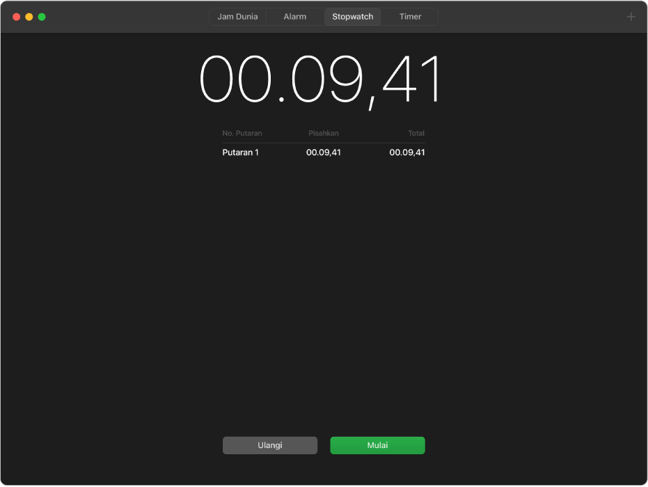 Panel Stopwatch pada app Jam, yang menampilkan timer yang dijeda setelah satu putaran.