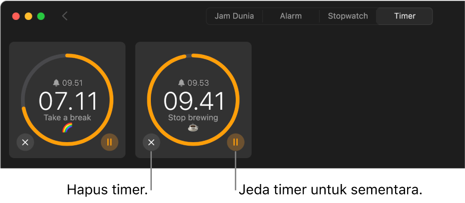 Dua timer yang berjalan di jendela Jam. Setiap timer dilabeli dengan waktu berakhir, sisa waktu, dan label yang dikelilingi oleh busur kuning di lingkaran abu-abu. Busur menandakan bagian sisa timer. Tombol untuk menghapus atau menjeda setiap timer muncul di bawah lingkaran.
