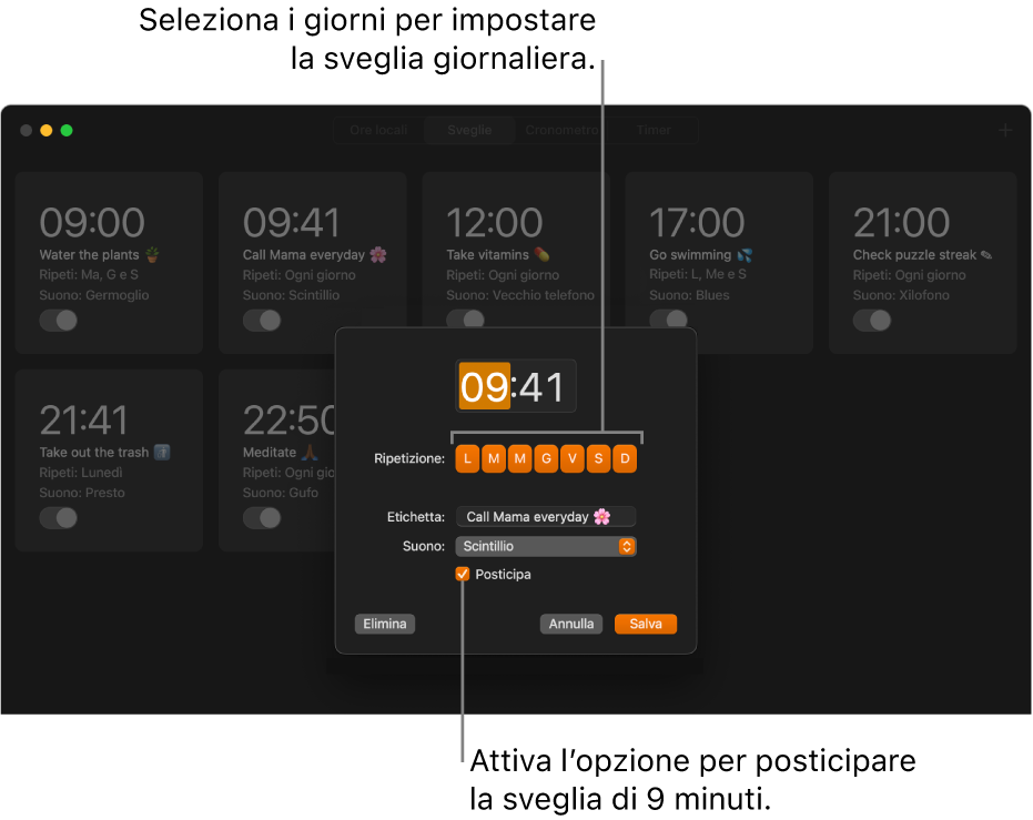 La finestra a comparsa per l’impostazione della sveglia nell’app Orologio.