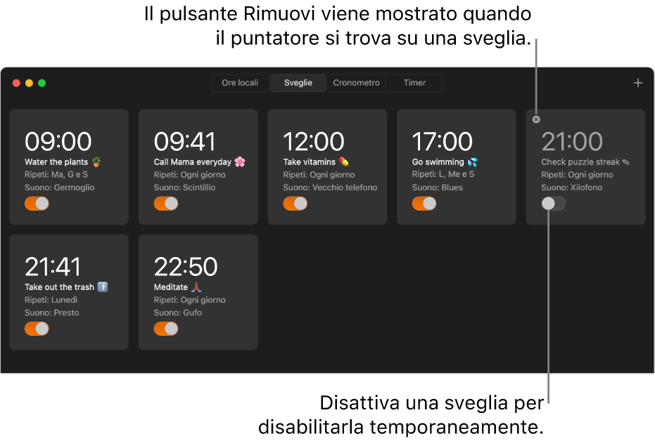 Il pannello Sveglie nell’app Orologio, con più sveglie che corrispondono ad attività e orari diversi.