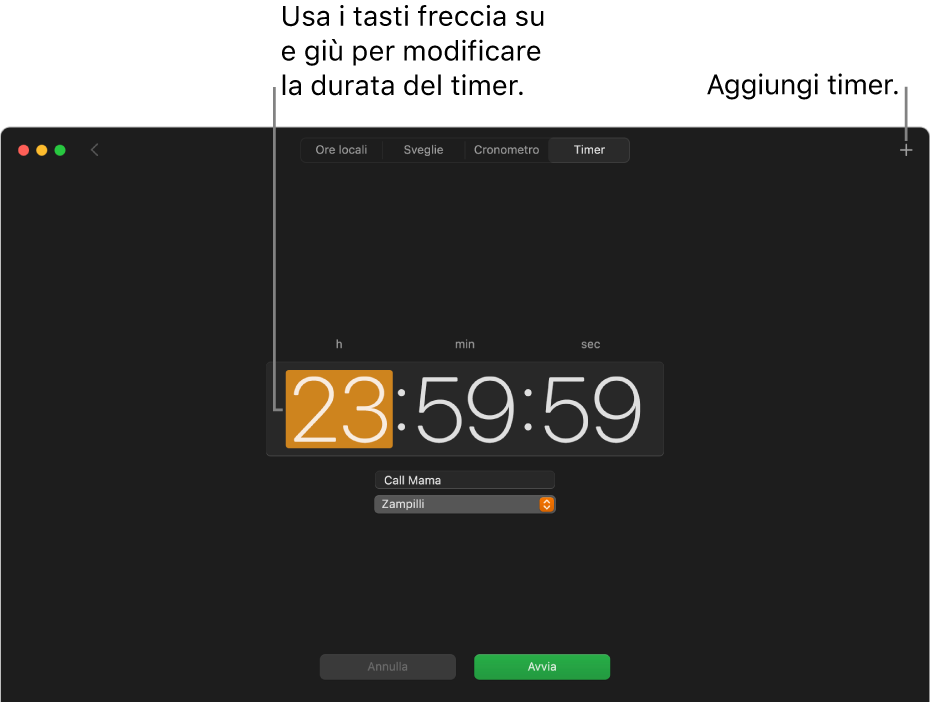 Il pannello Timer nell‘app Orologio che mostra un timer con ora, minuti e secondi.