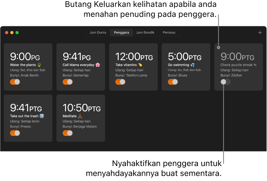 Anak tetingkap Penggera daripada app Jam, dengan berbilang penggera yang menunjukkan pelbagai tugas dan masa.