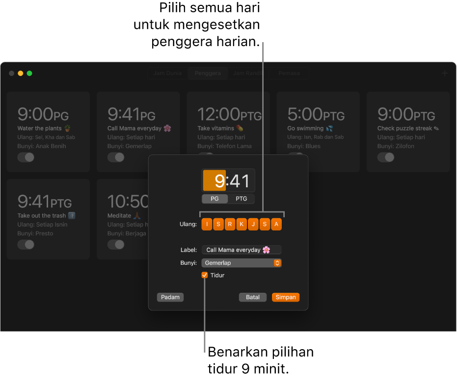 Tetingkap timbul untuk mengesetkan penggera dalam app Jam.