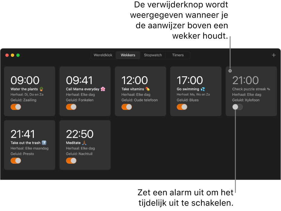 Het paneel 'Wekkers' in de Klok-app met meerdere wekkers voor verschillende taken en tijden.