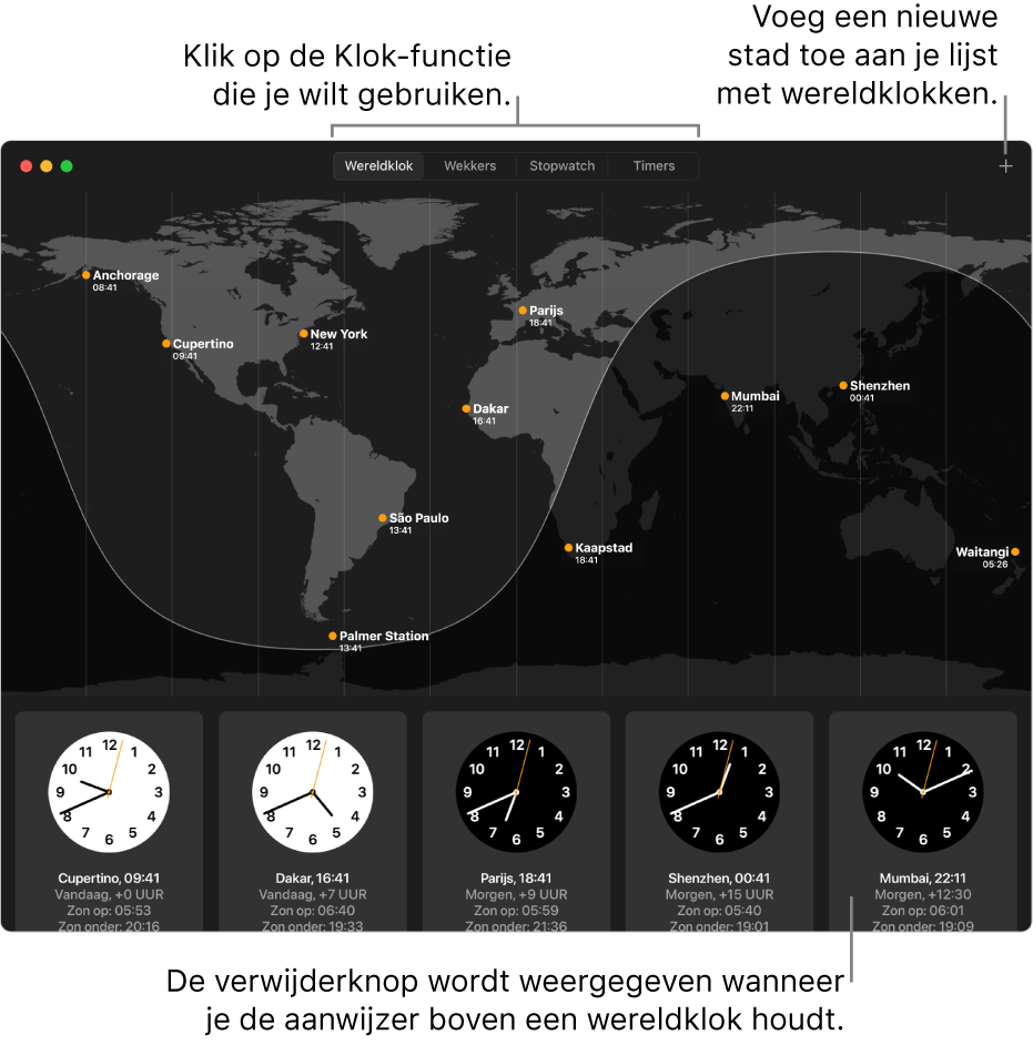 Het paneel 'Wereldklok' in de Klok-app met een wereldkaart met de plaatselijke tijd, zonsopkomst en zonsondergang in verschillende plaatsen over de hele wereld. Tabbladen boven aan het Klok-venster geven toegang tot andere functies. Rechtsboven bevindt zich een knop met een plusteken voor het toevoegen van plaatsen.