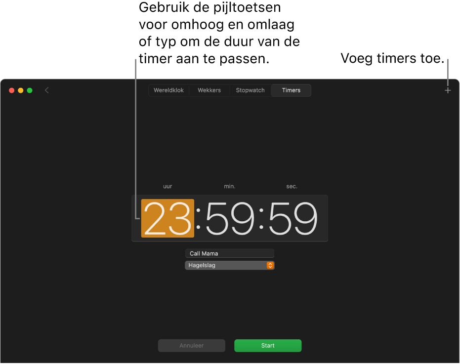 Het paneel 'Timers' in de Klok-app met een tijd in uren, minuten en seconden.