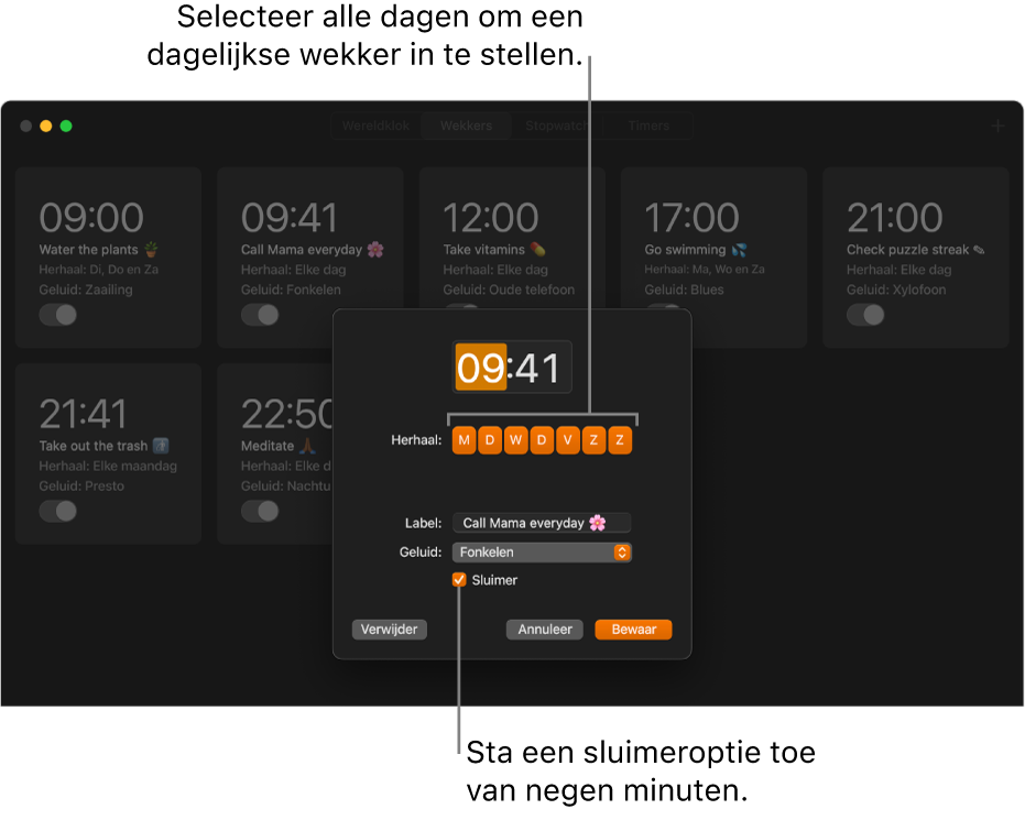 Het pop‑upvenster voor het instellen van een wekker in de Klok-app.