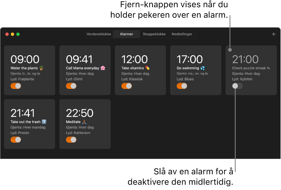 Alarmer-panelet i Klokke-appen med flere alarmer for ulike oppgaver og tidspunkter.