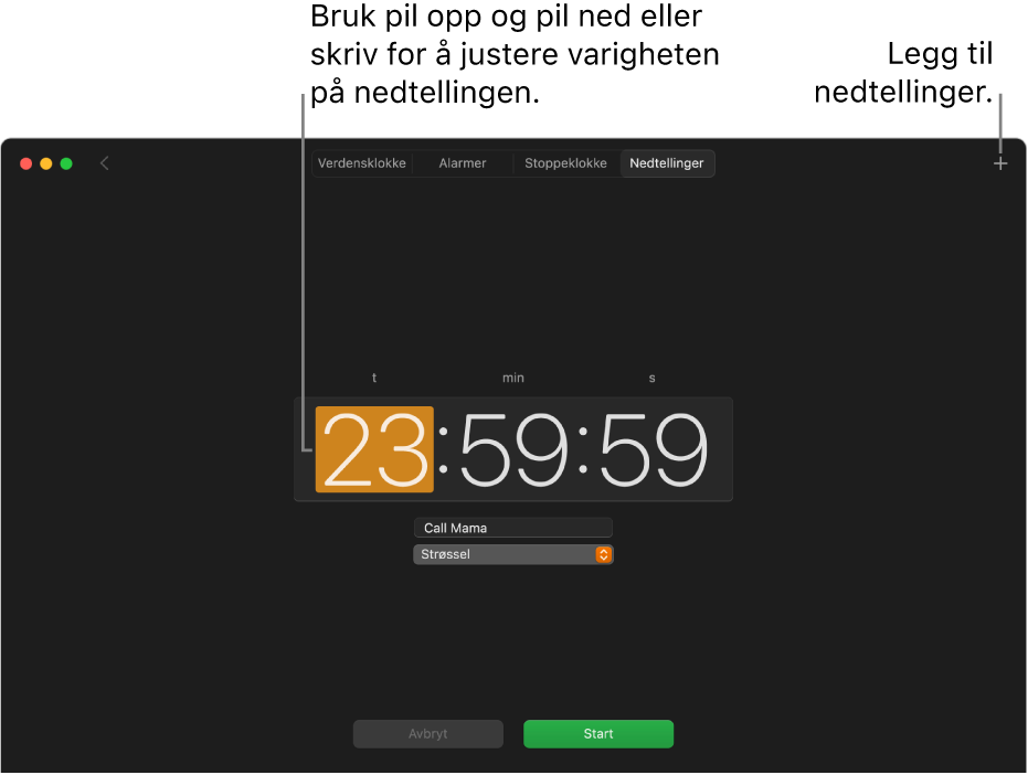 Nedtellinger-panelet i Klokke-appen viser et tidspunkt i timer, minutter og sekunder.