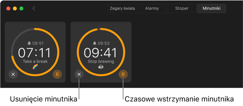 Dwa minutniki uruchomione w oknie Zegar. Każdy minutnik jest oznaczony czasem zakończenia, ilością pozostałego czasu oraz etykietą otoczoną żółtym łukiem na szarym okręgu. Łuk wskazuje, jaka część minutnika pozostała do końca. Przyciski do usuwania lub wstrzymywania każdego minutnika pojawiają się poniżej okręgów.