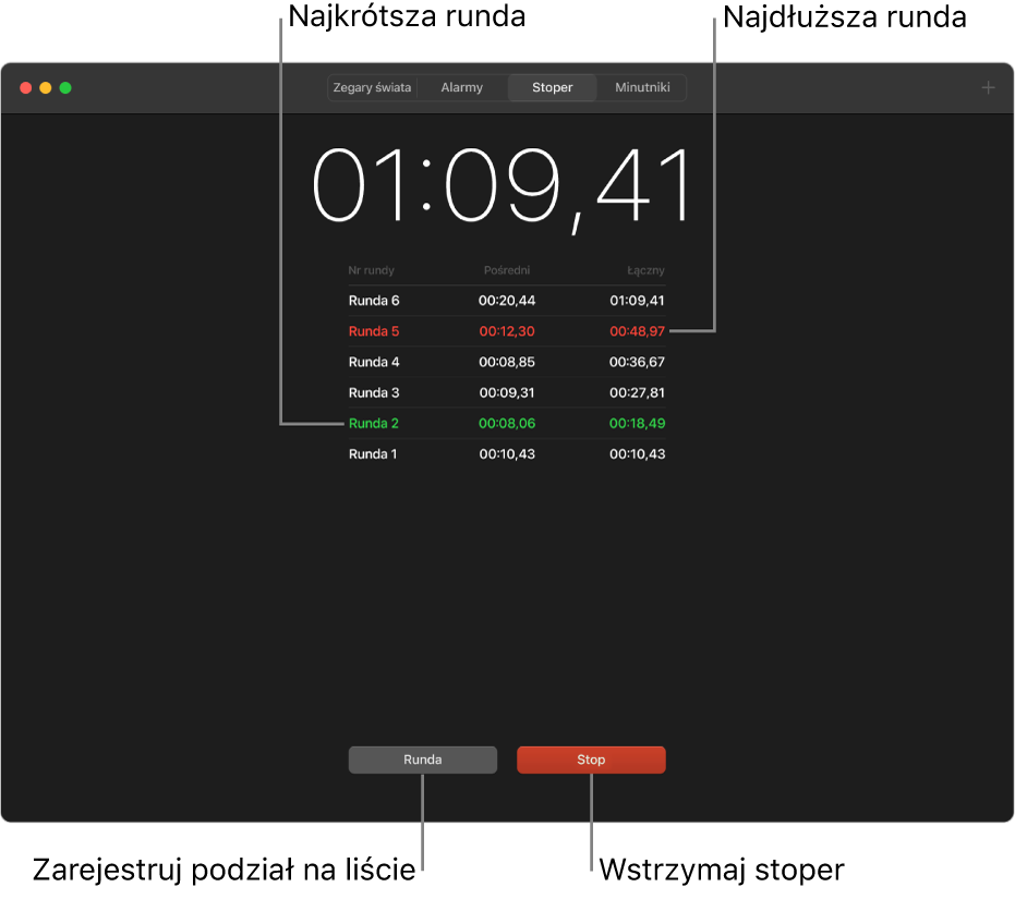 Panel Stoper w aplikacji Zegar. Stoper pokazuje całkowity czas wydarzenia, a poniżej znajduje się lista rund w ramach danego wydarzenia.