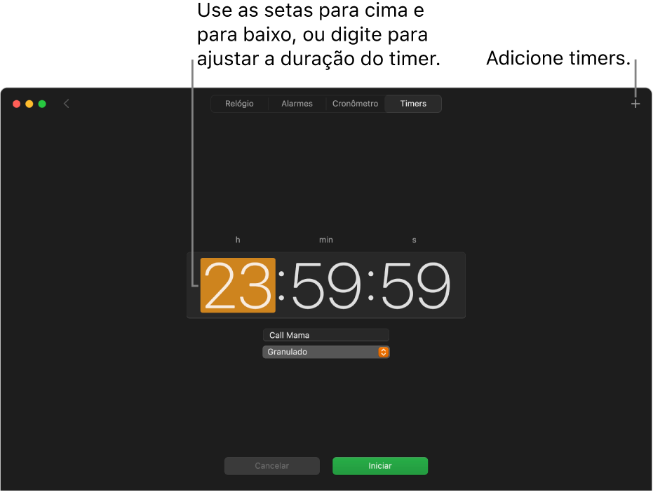 Painel Timers do app Relógio, mostrando um tempo em horas, minutos e segundos.