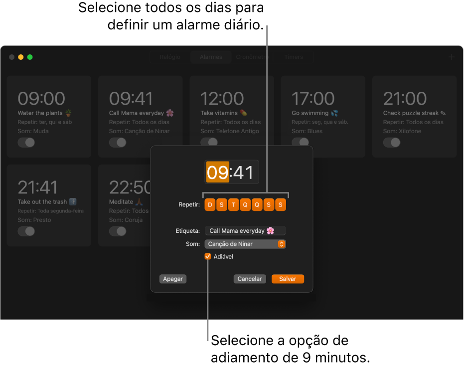 A janela pop-up para definir um alarme no app Relógio.