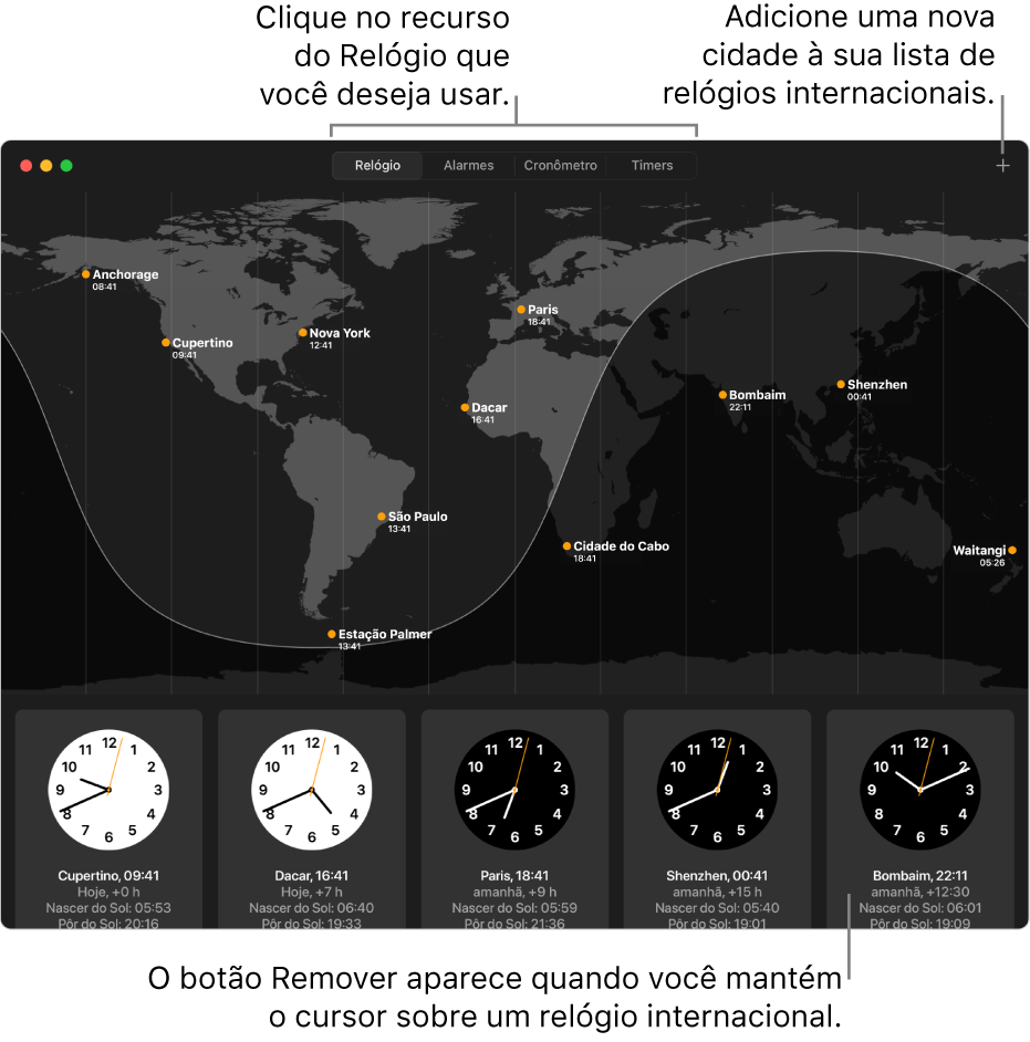 Painel Relógio do app Relógio, mostrando a hora local, o nascer do sol e o pôr do sol em várias cidades ao redor do mundo. As abas na parte superior da janela do app Relógio levam a outros recursos. Há um botão Adicionar no canto superior direito para adicionar uma cidade.