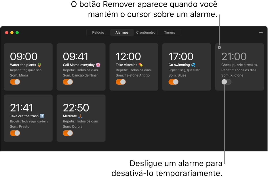 Painel Alarmes do app Relógio, com vários alarmes mostrando diversas tarefas e horários.