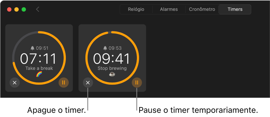 Dois timers ativados na janela do app Relógio. Cada timer mostra o tempo em que terminará, quanto tempo falta e o nome rodeado por um arco amarelo em um círculo cinza. O arco indica qual parte do timer ainda resta. Botões para remover ou pausar cada timer são mostrados abaixo dos círculos.
