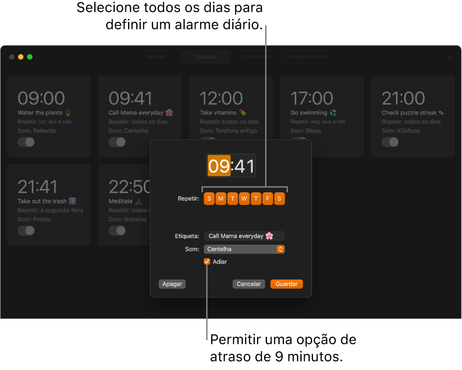 A janela pop‑up para definir um alarme na aplicação Relógio.
