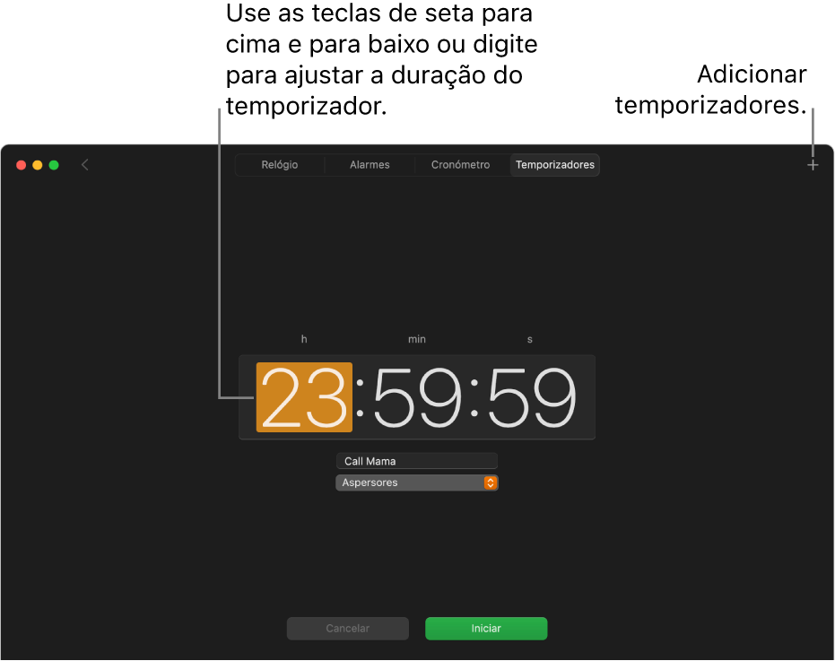 O painel “Temporizadores” da aplicação Relógio, a mostrar a hora em horas, minutos e segundos.