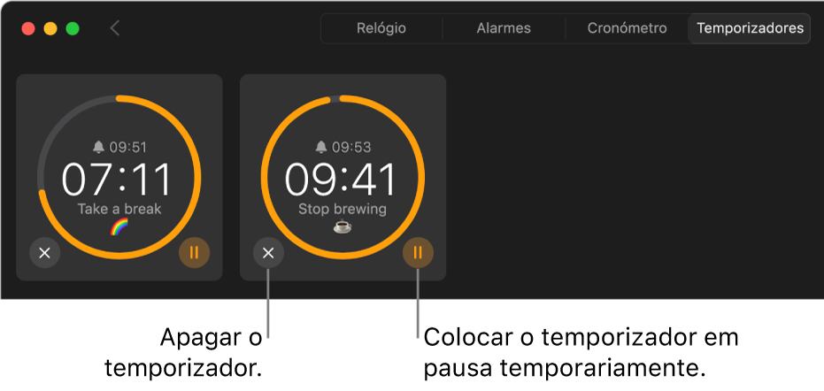 Dois temporizadores em execução na janela da aplicação Relógio. Cada temporizador tem o nome da hora a que terminará, o tempo restante e o nome com um arco amarelo num círculo cinzento à volta. O arco indica que parte do temporizador resta. Aparecem botões para remover ou pausar cada temporizador sob os círculos.