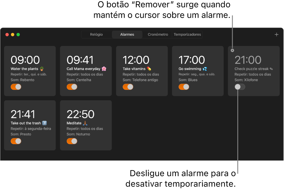 O painel “Alarmes” da aplicação Relógio, com vários alarmes que mostram diversas tarefas e horas.