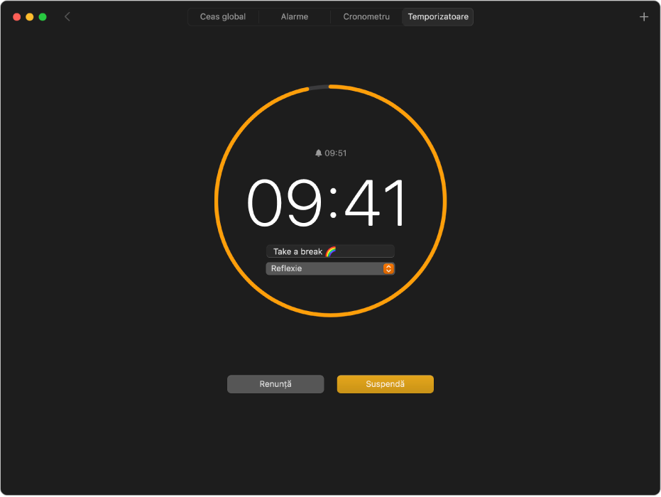 Panoul Temporizatoare din aplicația Ceas, afișând un temporizator activ de 10 minute, cu o etichetă și un sunet personalizat.