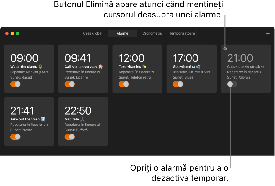 Panoul Alarme din aplicația Ceas, afișând mai multe alarme pentru diverse sarcini și ore.