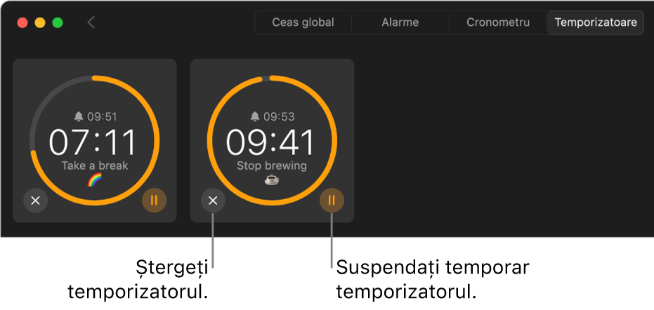 Două temporizatoare active în fereastra Ceas. Fiecare temporizator are o etichetă cu ora la care se va încheia și timpul rămas, iar eticheta este înconjurată de un arc galben pe un cerc gri. Arcul indică timpul rămas. Sub cercuri apar butoane pentru eliminarea sau suspendarea fiecărui temporizator.