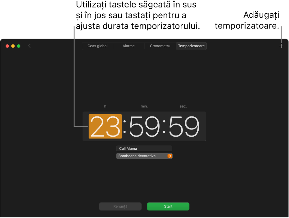 Panoul Temporizatoare din aplicația Ceas, afișând o durată în ore, minute și secunde.