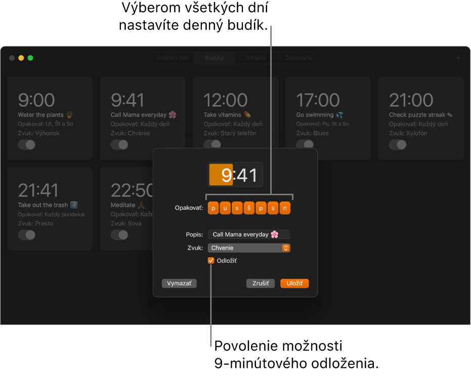 Vyskakovacie okno na nastavenie budíka v apke Hodiny.