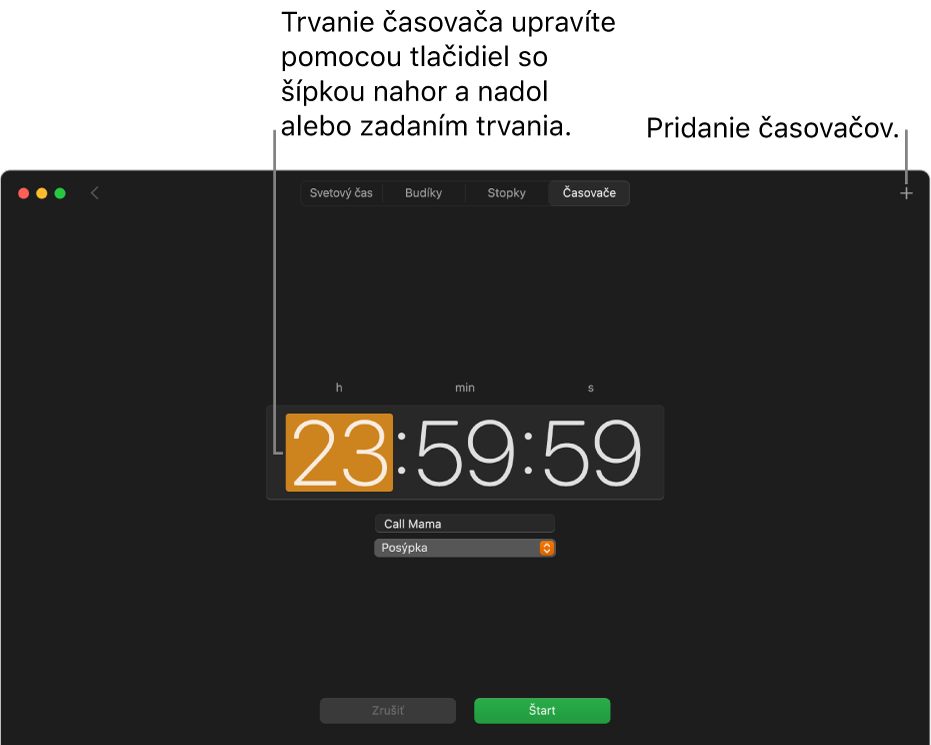 Panel Časovače v apke Hodiny zobrazujúci čas v hodinách, minútach a sekundách.