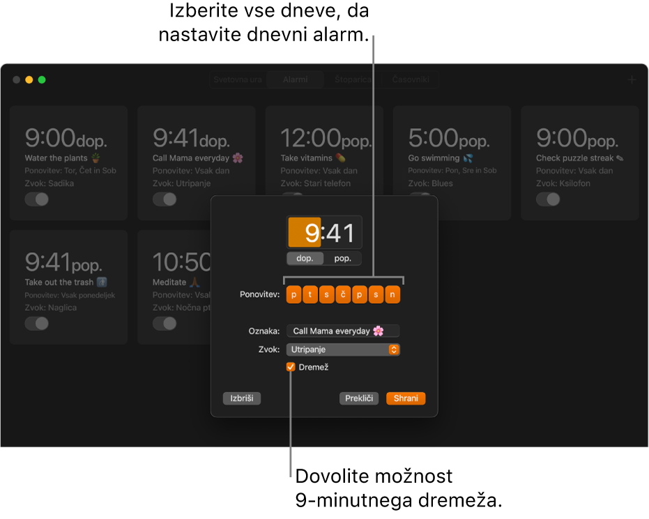 Pojavno okno za nastavljanje alarma v aplikaciji Ura.