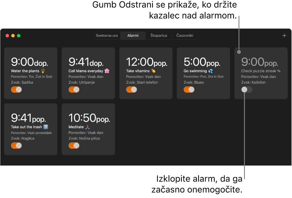 Plošča Alarmi v aplikaciji Ura, z več alarmi, ki prikazujejo različna opravila in čas.