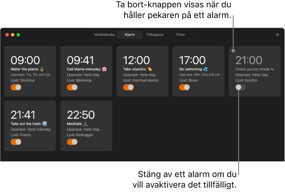 Panelen Alarm i appen Klocka med flera alarm som visar olika uppgifter och tidpunkter.
